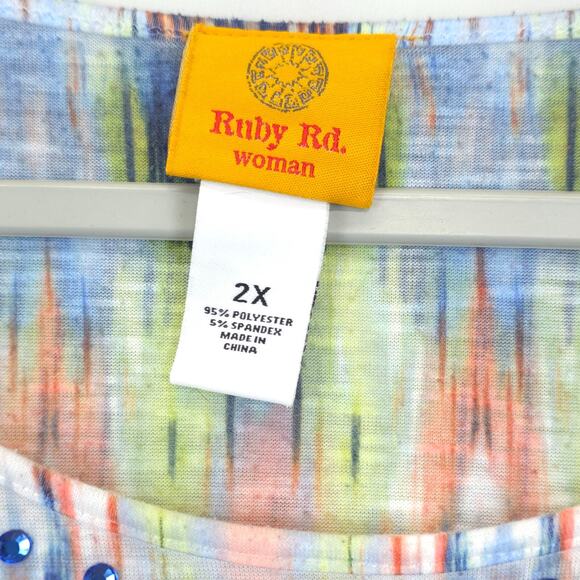 Ruby Rd Tunic Top Women 2X Geometric Beaded Multicolor Handkerchief Hem Pullover - Picture 8 of 9